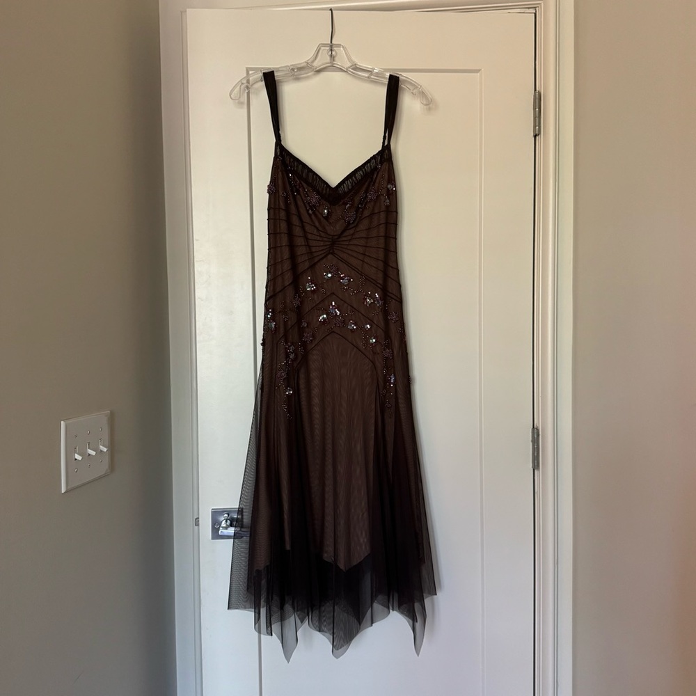 BCBGMaxAzria Chocolate Colored Beaded Dress with Asymmetrical Hem